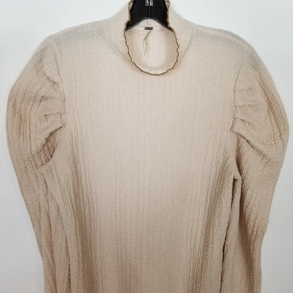 FREE PEOPLE Women Ela Mock Neck Puff Sleeve Long Sleeve Top‎ Sz M Ivory Boho